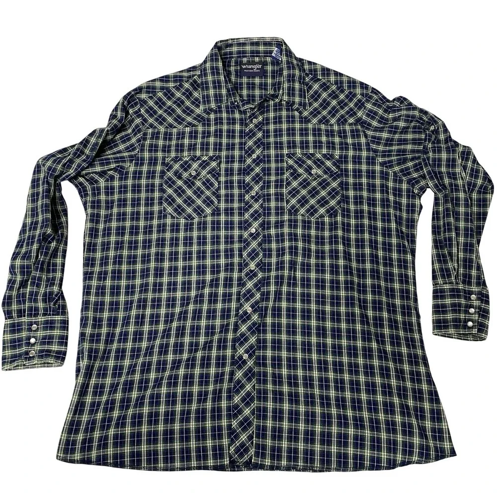 Wrangler Pearl Snap Western Shirt Mens 2XT Tall Blue Green Plaid Cowboy Big&Tall